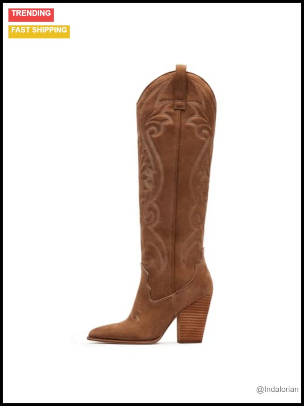 Knee High Cowboy Boots Pointed Toe Chunky Heel Pull-On Embroidered Western Wide